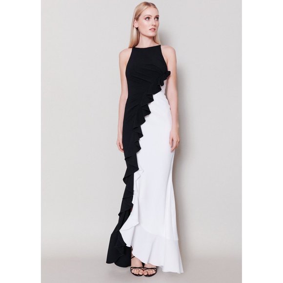 🆕TALBOT RUNHOF Bobbin2 Ruffled ColorBlock Gown Black & White 10 - Picture 1 of 16